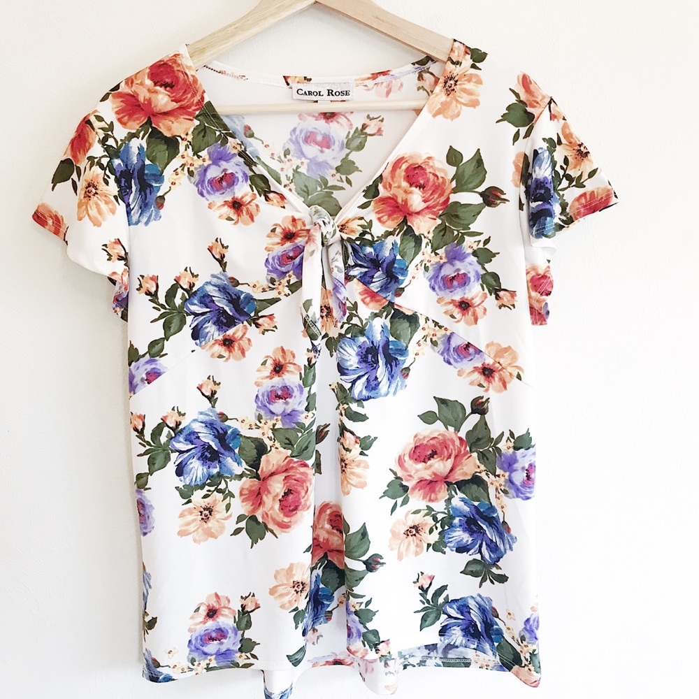 Carol Rose Floral Blouse Bow Tie Neck XL